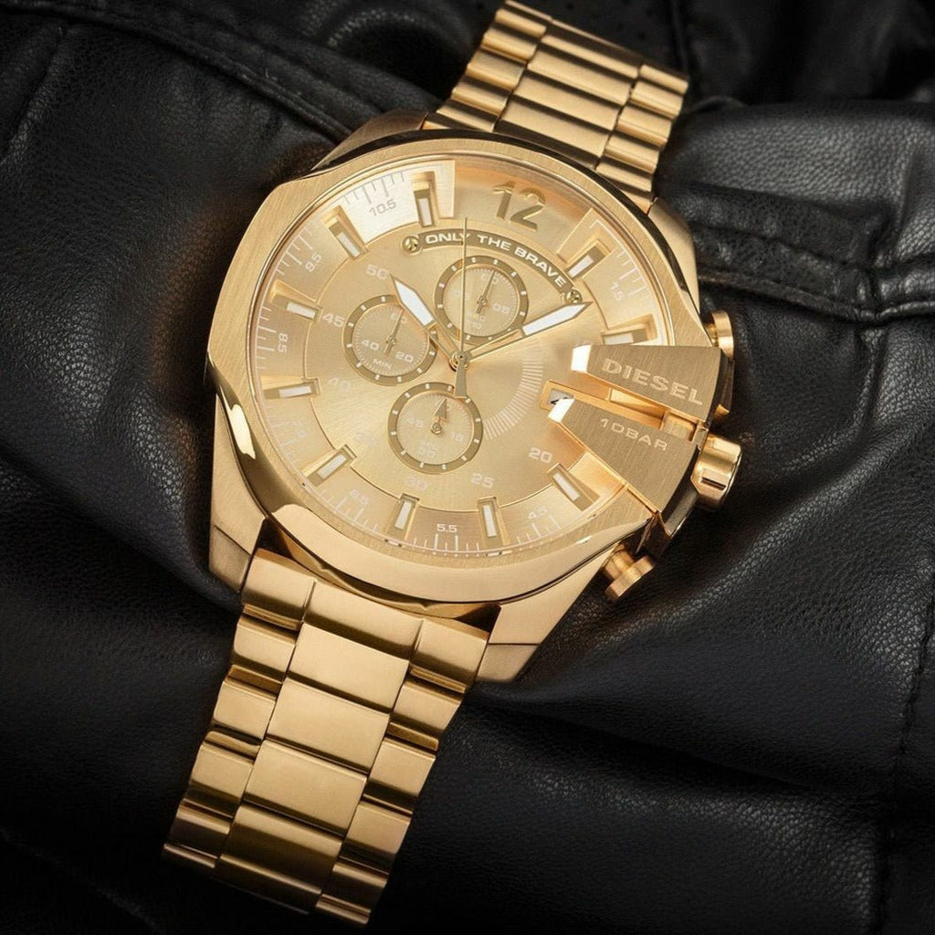 Diesel DZ4360 Mega Chief Chronograph Men's Watch – Gold Dial & Gold Stainless Steel Strap